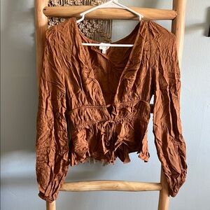 Le Lis Brown Ruched Peplum Blouse with Tie Front